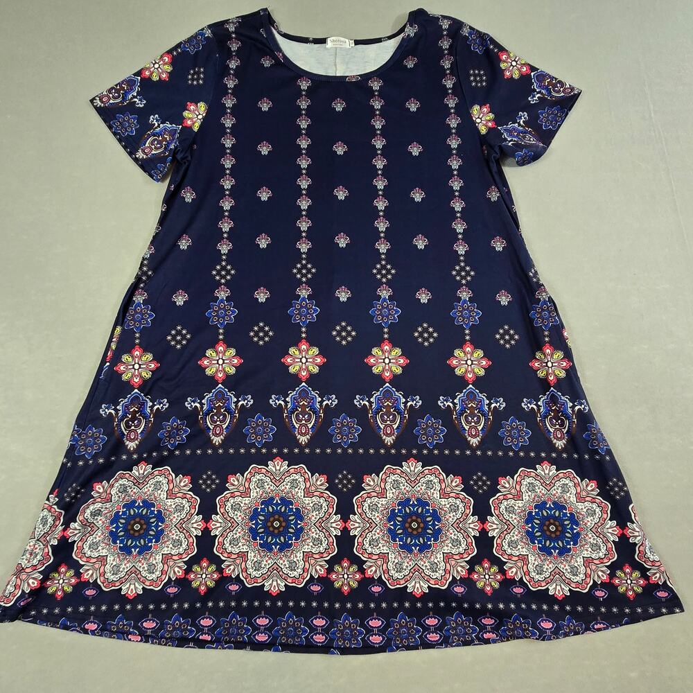 Women's Flowy Beach Boho Blue/Multi Floral Short Sleeve Casual Sundress Pockets